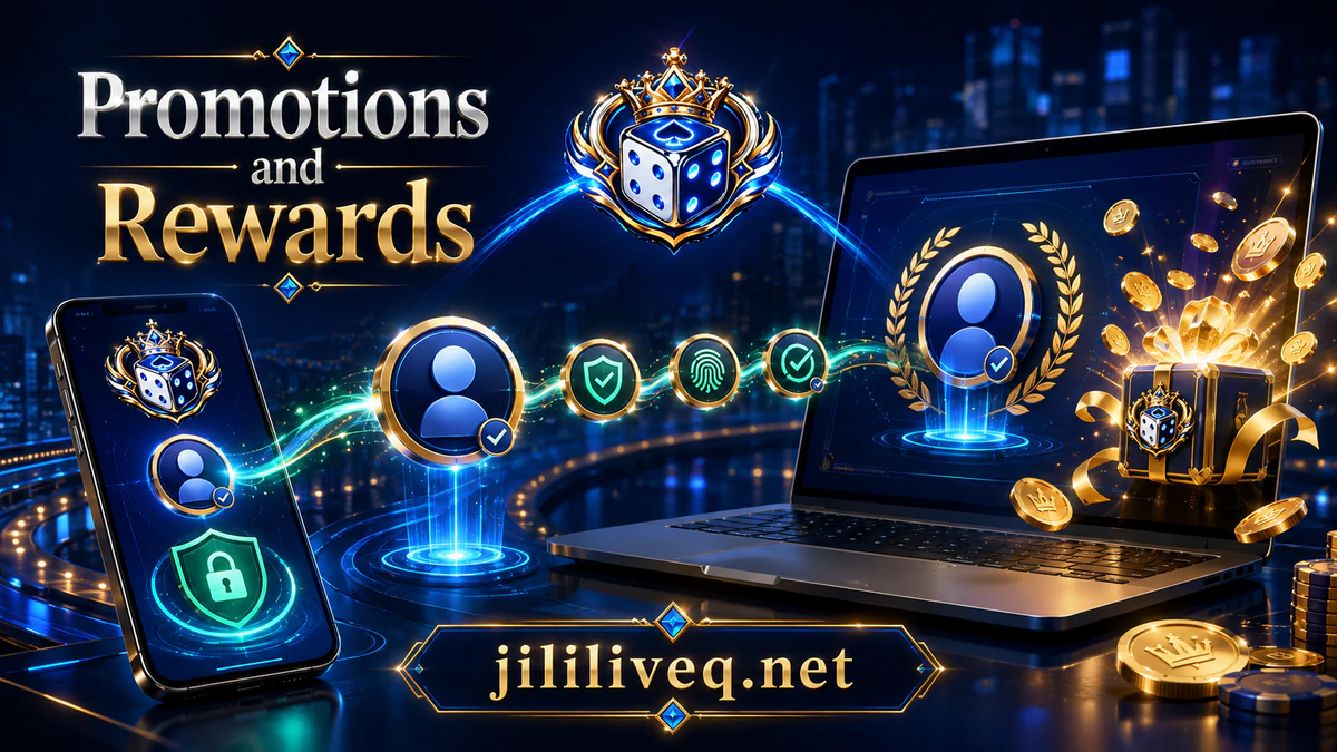 JILILIVE promotion feature artwork in blue and gold casino styling